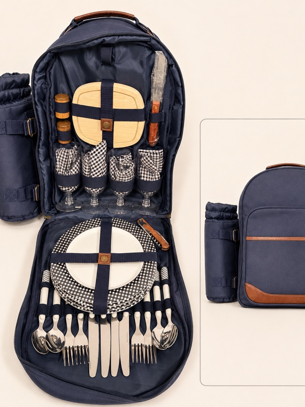Sunflora NWT 4-Person Insulated Picnic Backpack Set Navy Gingham